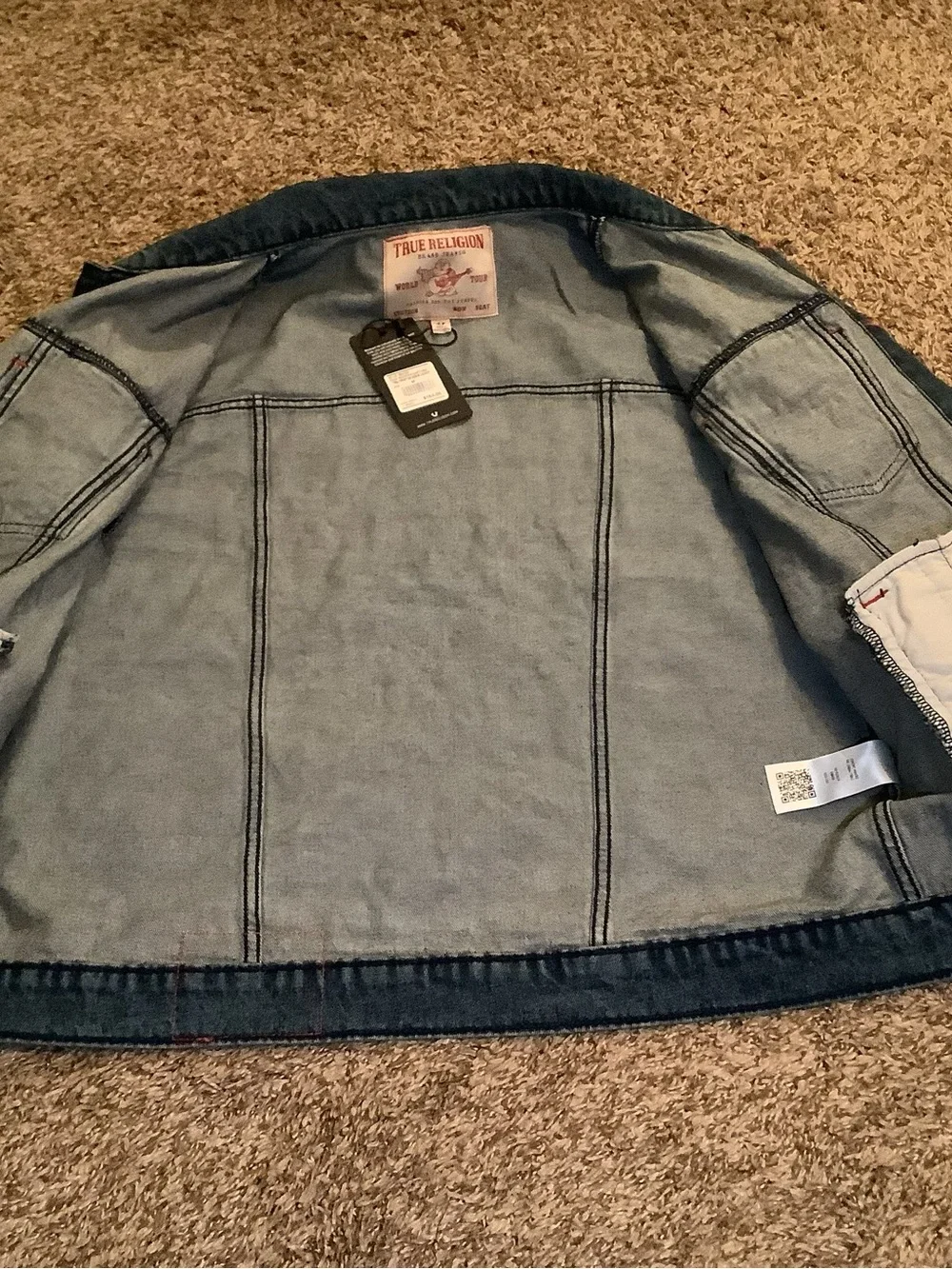 True Religion Logo Print Denim Jacket, color medium blue quartz wash, size: M